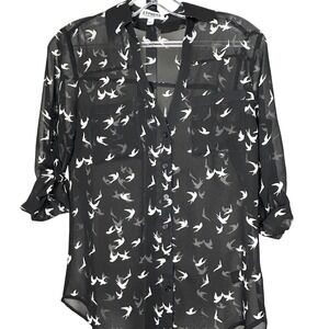 EXPRESS The Portofino Shirt‎ XS Black White Bird Print Sheer Blouse Top